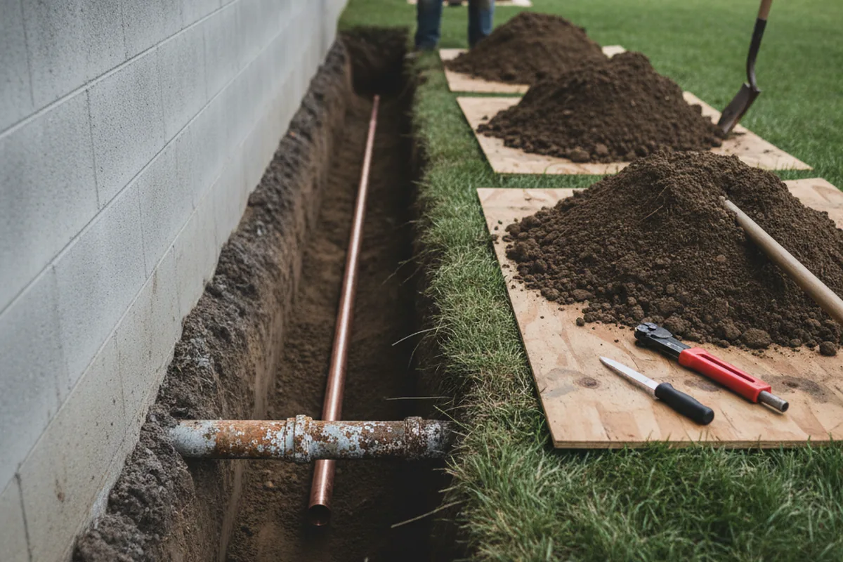 Excavated water line trench during Sewer Line Repair in Stedman